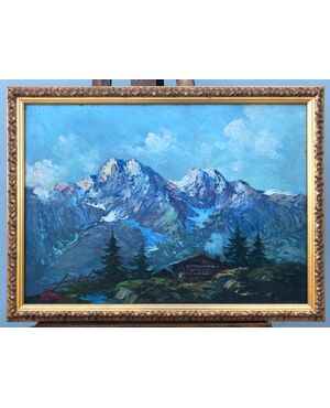 Oil painting on wood depicting mountain landscape. Signed     