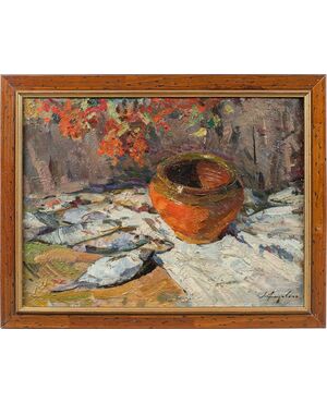 Lev Pavlovich Khodchenko (Shimanovka, 1912 - 1998) - Natura morta di pesci e vaso.