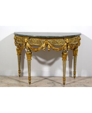 Important and rare neoclassical half-moon console table in carved, lacquered, and gilded wood, Turin, attributed to Francesco Bolgiè, late 18th century