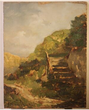 Guglielmo Pizzirani (Bologna, 1886-1971)  Paesaggio con gradinata.