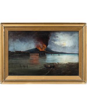 Pittore italiano (XIX sec.) - Golfo di Napoli col Vesuvio in eruzione.