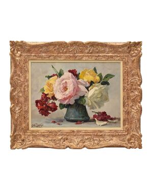 DIPINTI ANTICHI DI FIORI, VASO DI ROSE, PITTURA  AD OLIO SU TELA, INIZIO 900. (QF639)