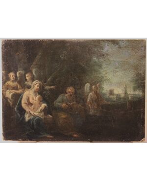 Riposo della Sacra Famiglia. | Dipinto olio su cartone, fine XVIII inizi XIX secolo