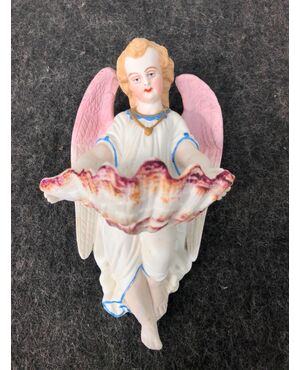 Holy water stoup in bisque porcelain with Angel and shell cup. France.     