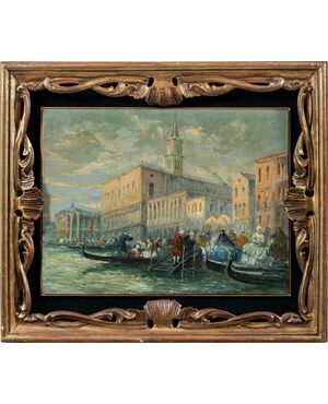 Pittore veneziano (fine XIX sec.) - Venezia, veduta della Riva degli Schiavoni con maschere di carnevale.