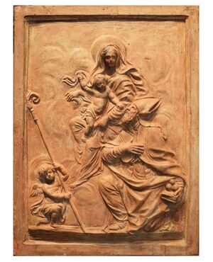 Cerchia di B. Mazzuoli - XVII-XVIII secolo - Madonna con Bambino, San Nicola da Bari e angioletto  Terracotta 