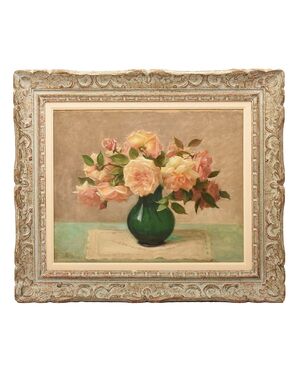 Quadri Antichi, Natura Morta, Vaso Di Fiori Di Rose, Epoca Novecento, Art Deco. (QF640)
