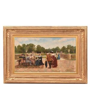 QUADRI ANTICHI, FILIPPO BARATTI, RITRATTI CON PERSONE ELEGANTI, OLIO SU TELA, XIX. (QR644)   