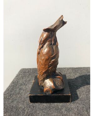 Terracotta sculpture covered in copper with galvanic bath depicting Kingfisher bird, Italy, signed.     