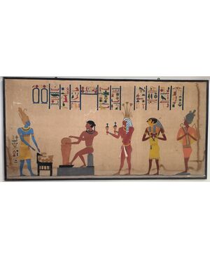 Dipinto su tela di lino a soggetto ANTICO EGITTO (geroglifici, figure di dignitari) primo '900