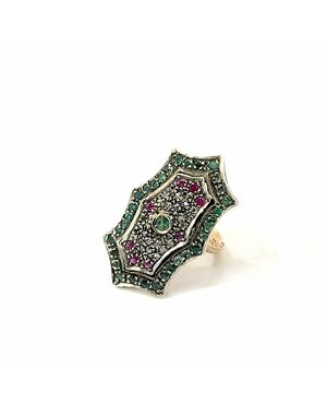 Anello oro e argento con smeraldi rubini e diamanti