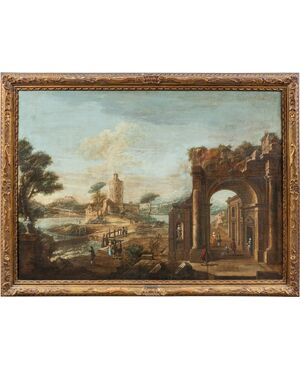 Francesco Battaglioli (Modena 1710 ca. - Venezia post 1796) - Capriccio architettonico con personaggi.