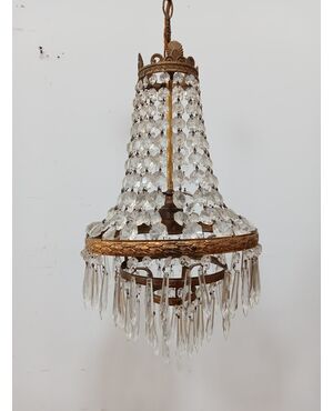 Lampadario stile Impero - mongolfiera con cristalli in vetro ed ottone -metà 900
