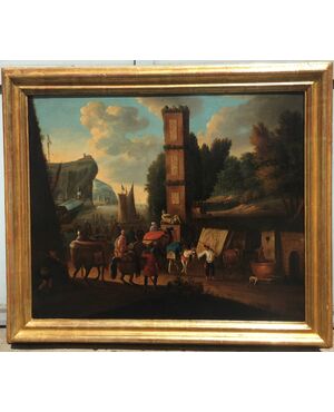 Anonimo fiammingo del XVIII secolo, "Veduta di porto con obelisco"