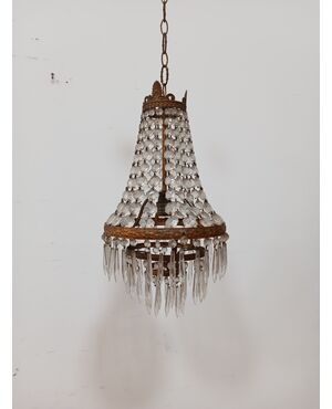 Lampadario stile Impero - mongolfiera con cristalli in vetro ed ottone -metà 900