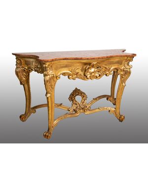 Consolle antica Luigi Filippo Napoletana in legno dorato e intagliato con piano in marmo rosso. Periodo XIX secolo.