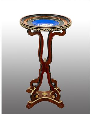Antique Napoleon III table in precious exotic woods with a Sevres porcelain top. France, 19th century.