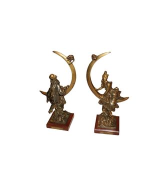 Coppia di sculture francesi in bronzo – Pierrot e fanciulla, seconda metà '800