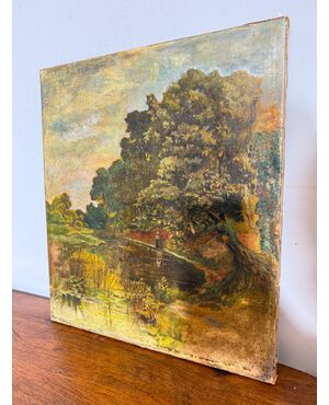Antico dipinto olio su tela, primi '800, paesaggio, 41x36 cm