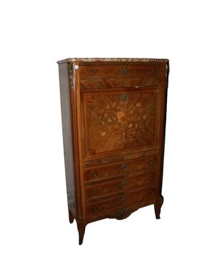 Secretaire francese stile Transizione in legno di Bois de rose con marmo e bronzi XIX secolo