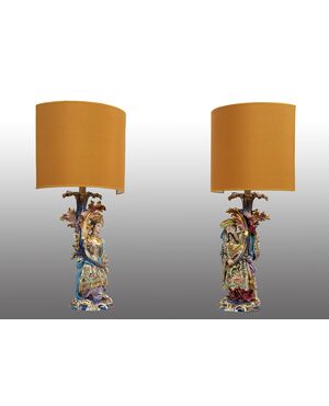 Pair of antique polychrome porcelain lamps in the style of Jacob Petit. France 19th century.