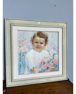 Antico dipinto di gusto Liberty, bambina con fiori, firmato, 75x73 cm