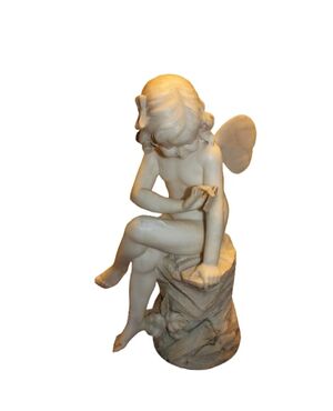 Putto francese in marmo bianco – Seconda metà '800, scultura con ali su piedistallo