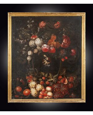 Antique Flemish oil painting on canvas depicting still life with figures. 18th-century period.