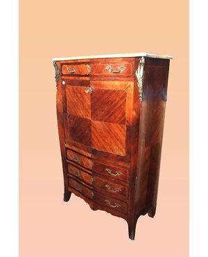 Grande secretaire francese stile Luigi XV del 1800 con intarsi marmo e bronzi