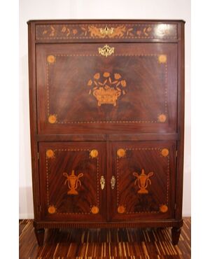 Secretaire olandese Impero di fine 1700 in piuma di mogano 