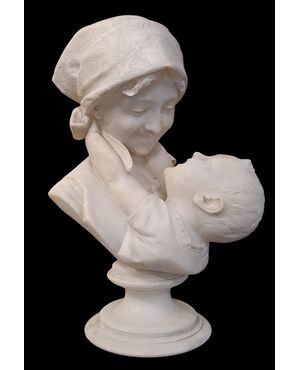 " AMORE MATERNO " - SCULTURA IN ALABASTRO - EMILIO FIASCHI (1858 - 1941)