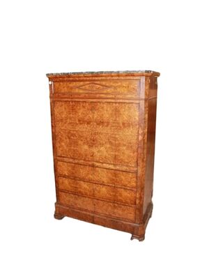 Secretaire Francese del 1800 Stile Impero In Radica di Olmo con Marmo Nero