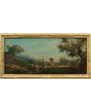 Antonio Diziani (Venezia 1737 - Venezia 1797) - Paesaggio bucolico con personaggi e carro.