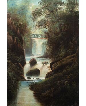 S.W. Clifford (British, fine XIX sec.) - Paesaggio boschivo con cascata. 