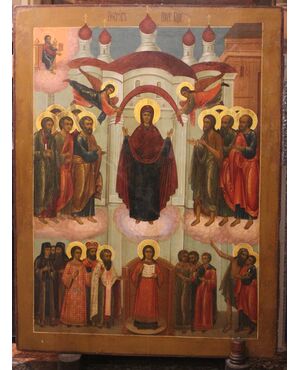 Icona russa: Protezione della Madre di Dio o Pokrov, XIX secolo misure tavola 92 x 70 cm. 
