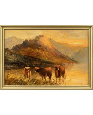 Frank Walters (British, fine XIX sec.) - Bestiame delle Highlands al lago.