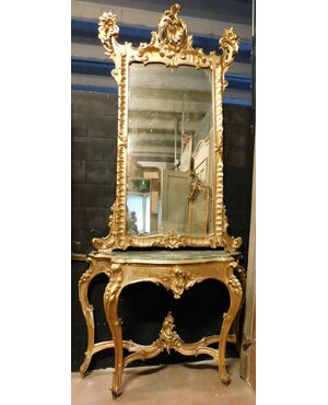 SPECC556 - Consolle con specchiera in legno intagliato e dorato, epoca '700, misure massime cm L 155 x H 315 x P 53