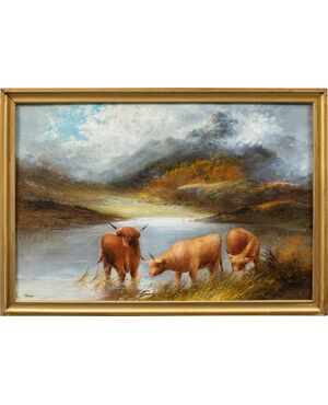 Frank Walters (British, fine XIX sec.) - Bestiame delle Highlands al lago. 