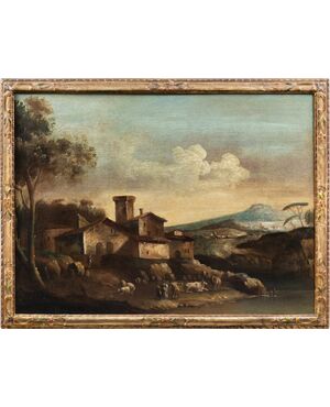 Francesco Tironi (Venezia 1745 - Venezia 1797) - Paesaggio veneto con pastori e armenti.
