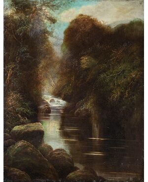 W. Miller (British, fine XIX sec.) - Paesaggio boschivo con ruscello.