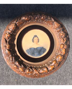 Tempera miniature on cardboard with carved and gilded wooden frame with embossed plant motifs. Signature and date 1836.     