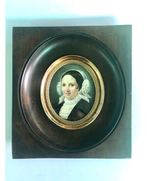 Miniature on ivory with female figure. Rosewood frame.     