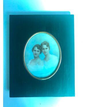Miniature on ivory with two female subjects. Ebonized wood frame.     
