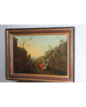 Antico dipinto olio su tela fiammingo epoca XIX sec . Grande qualità scena rurale campestre. Mis 96 x 64 