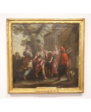 Olio su tela italiano del 1700 raffigurante personaggi all'aperto