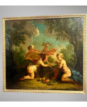 Dipinto, olio su tela "Festa di cherubini in un paesaggio" - XVIII sec. 