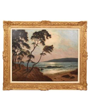 DIPINTI ANTICHI, ART DECO, QUADRI MARE, MARINA AL TRAMONTO, OLIO SU TELA, PITTORI DEL 900. (QM650)