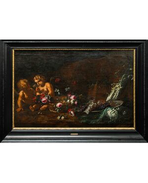 Francesca Volò Smiller, detta Francesca Vincenzina (Milano, 1657-1700), Natura morta con fiori, ortaggi, grappoli d’uva e putti
