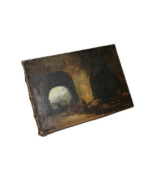 Piccolo Olio su Tela raffigurante rovine e Personaggi
