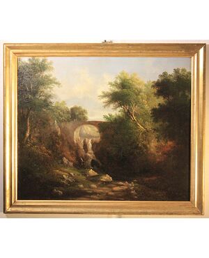 Paesaggio romantico con ponte e cascata | Olio su tela, XIX secolo, anonimo pittore italiano.